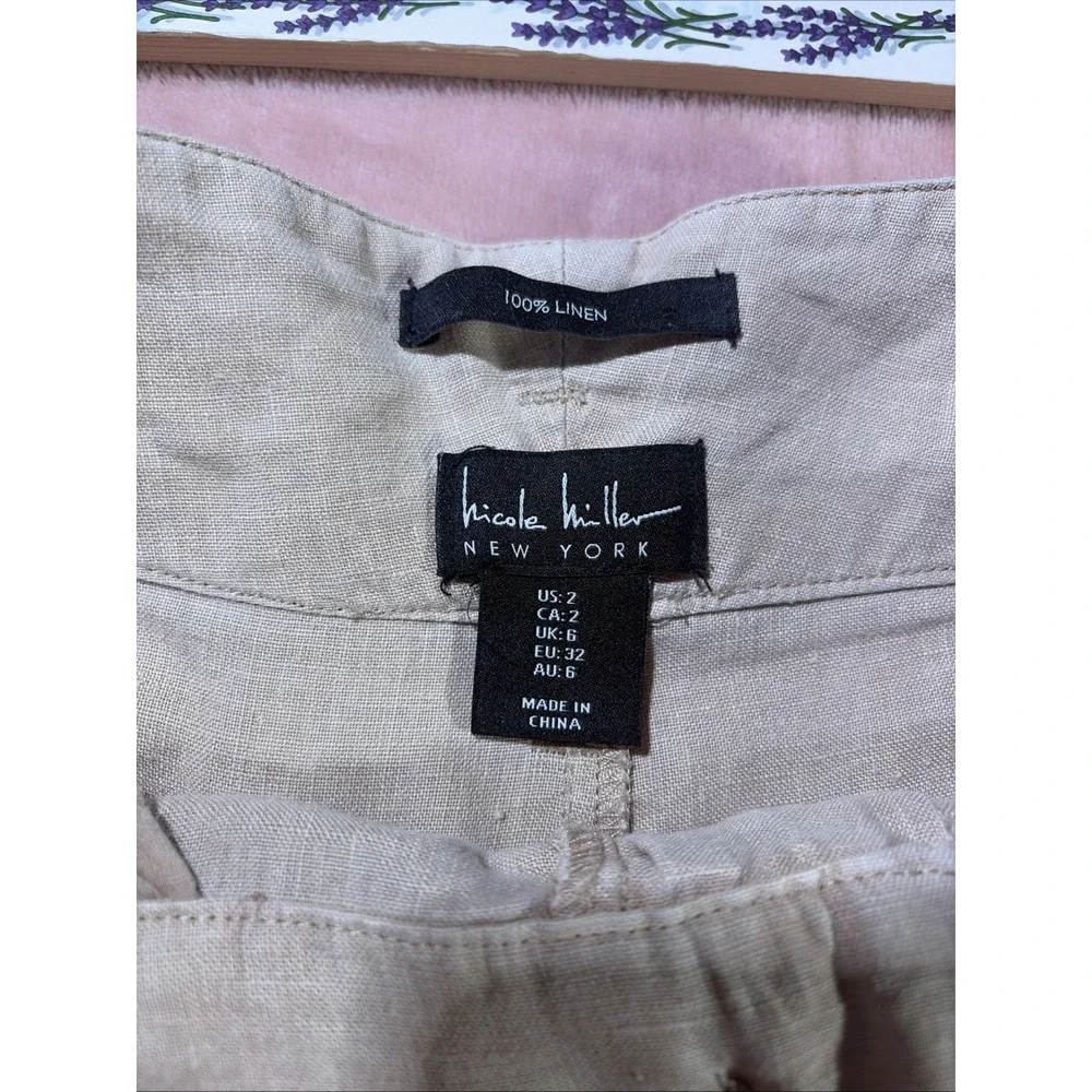 Nicole Miller High Rise Wide Leg 100% Linen Cropped Pants Sz 2. Khaki.